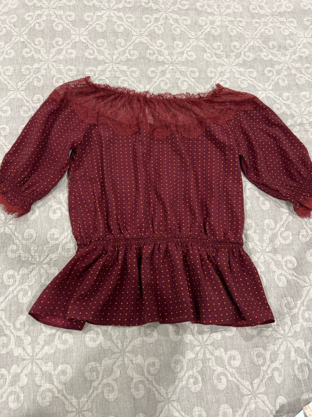 Very J Burgundy Off-Shoulder Peplum Blouse with Gold Dot Detail